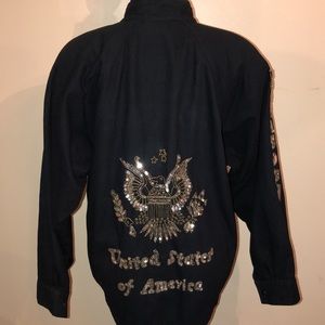 VINTAGE CACHE JACKET BLACK EMBELLISHED UNITED STATES OF AMERICA PASSPORT SZ L